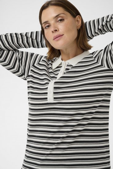 Kaffe Curve Miana Long Sleeve Polo Chalk with Black Stripe - Pikéskjorter - 