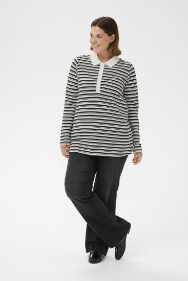 Kaffe Curve Miana Long Sleeve Polo Chalk with Black Stripe - Pikéskjorter - 