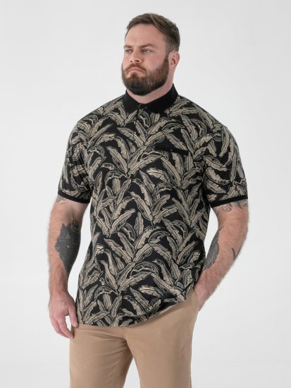 D555 Palmer Leaf Printed Jacquard Collar & Cuff Chest Pocket Polo Black - Polo- & piqueskjorter - Poloskjorte i store størrelser - 2XL-8XL