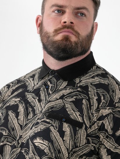 D555 Palmer Leaf Printed Jacquard Collar & Cuff Chest Pocket Polo Black - Polo- & piqueskjorter - Poloskjorte i store størrelser - 2XL-8XL