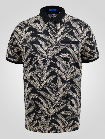 D555 Palmer Leaf Printed Jacquard Collar & Cuff Chest Pocket Polo Black - Polo- & piqueskjorter - Poloskjorte i store størrelser - 2XL-8XL