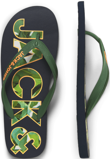Jack & Jones Logo Palm Print Flip Flop Slippers Navy Blazer/Verdant Green - Herresko 40-52 - Herresko i store størrelser