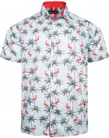 Kam Jeans 6067 Flamingo and Palm Tree Short Sleeve Shirt Blue - Skjorter - Store skjorter - 2XL-8XL