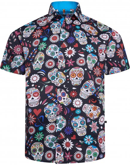 Kam Jeans 6069 Skull Print Short Sleeve Black - Skjorter - Store skjorter - 2XL-8XL