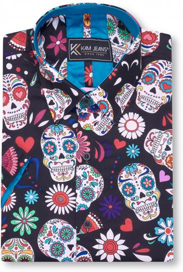 Kam Jeans 6069 Skull Print Short Sleeve Black - Skjorter - Store skjorter - 2XL-8XL