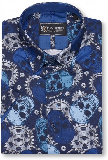 Kam Jeans 6070 Retro Skull Short Sleeve Shirt Navy - Skjorter - Store skjorter - 2XL-8XL