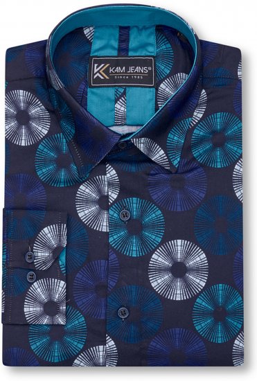 Kam Jeans 6071 Record Print Long Sleeve Shirt Navy - Skjorter - Store skjorter - 2XL-8XL
