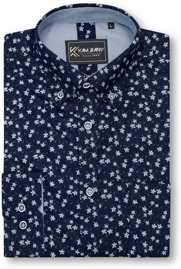 Kam Jeans 6364 All Over Floral Print Long Sleeve Shirt Navy - Skjorter - Store skjorter - 2XL-8XL