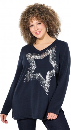 Ulla Popken Sequined Star Rolled Edge Sweater Navy - Hettegensere og collegegensere - Myke gensere, hettegensere og strikk