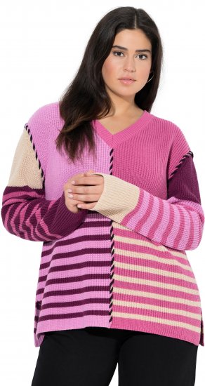 Ulla Popken Patchwork Striped Long Sleeve V-Neck Sweater Raspberry - Hettegensere og collegegensere - Myke gensere, hettegensere og strikk