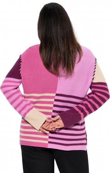 Ulla Popken Patchwork Striped Long Sleeve V-Neck Sweater Raspberry - Hettegensere og collegegensere - Myke gensere, hettegensere og strikk