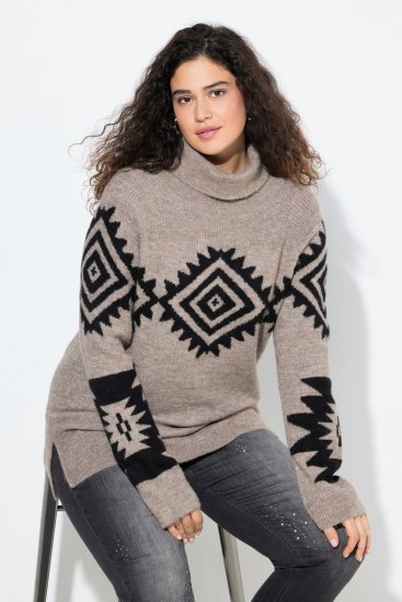 Ulla Popken Aztec Pattern Turtleneck Sweater Pebble Grey - Hettegensere og collegegensere - Myke gensere, hettegensere og strikk