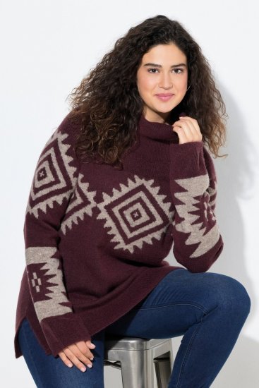 Ulla Popken Aztec Pattern Turtleneck Sweater Plum - Hettegensere og collegegensere - Myke gensere, hettegensere og strikk