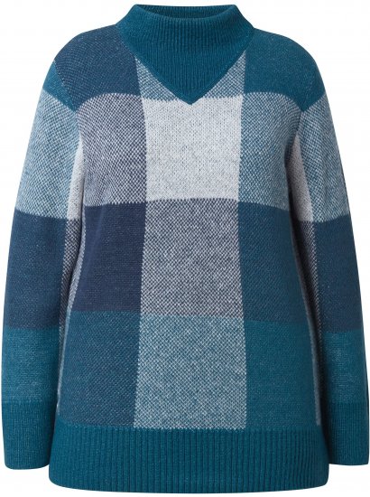 Ulla Popken Grand Check Long Sleeve Sweater Teal - Hettegensere og collegegensere - Myke gensere, hettegensere og strikk