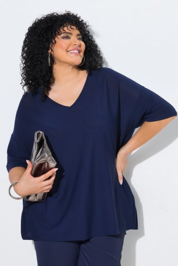 Ulla Popken Oversized 3/4 Sleeve V-Neck Sweater Navy - Hettegensere og collegegensere - Myke gensere, hettegensere og strikk