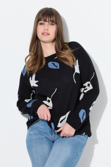 Ulla Popken Eco Cotton Leaf Pattern Long Sleeve Sweater Black - Hettegensere og collegegensere - Myke gensere, hettegensere og strikk