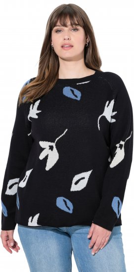 Ulla Popken Eco Cotton Leaf Pattern Long Sleeve Sweater Black - Hettegensere og collegegensere - Myke gensere, hettegensere og strikk