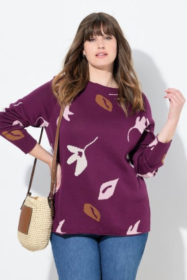 Ulla Popken Eco Cotton Leaf Pattern Long Sleeve Sweater Forest Berry - Hettegensere og collegegensere - Myke gensere, hettegensere og strikk