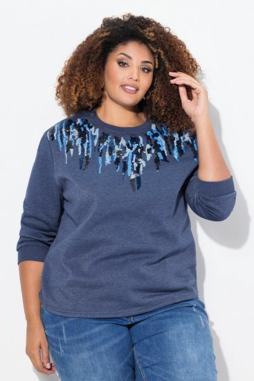 Ulla Popken Sequined Neck Long Sleeve Sweatshirt Ink Blue - Hettegensere og collegegensere - Myke gensere, hettegensere og strikk