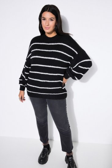 Ulla Popken Oversized Striped Balloon Sleeve Sweater Black - Hettegensere og collegegensere - Myke gensere, hettegensere og strikk