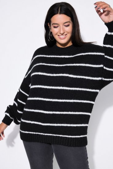Ulla Popken Oversized Striped Balloon Sleeve Sweater Black - Hettegensere og collegegensere - Myke gensere, hettegensere og strikk