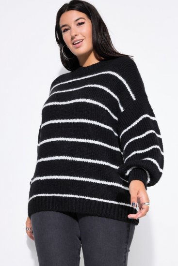 Ulla Popken Oversized Striped Balloon Sleeve Sweater Black - Hettegensere og collegegensere - Myke gensere, hettegensere og strikk
