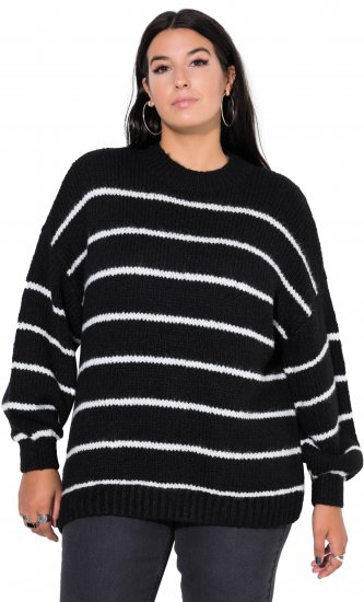 Ulla Popken Oversized Striped Balloon Sleeve Sweater Black - Hettegensere og collegegensere - Myke gensere, hettegensere og strikk