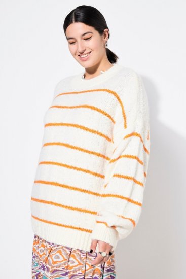 Ulla Popken Oversized Striped Balloon Sleeve Sweater Off-White - Hettegensere og collegegensere - Myke gensere, hettegensere og strikk