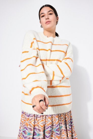 Ulla Popken Oversized Striped Balloon Sleeve Sweater Off-White - Hettegensere og collegegensere - Myke gensere, hettegensere og strikk