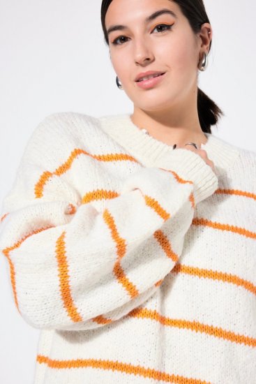 Ulla Popken Oversized Striped Balloon Sleeve Sweater Off-White - Hettegensere og collegegensere - Myke gensere, hettegensere og strikk