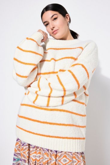 Ulla Popken Oversized Striped Balloon Sleeve Sweater Off-White - Hettegensere og collegegensere - Myke gensere, hettegensere og strikk