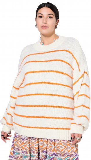 Ulla Popken Oversized Striped Balloon Sleeve Sweater Off-White - Hettegensere og collegegensere - 