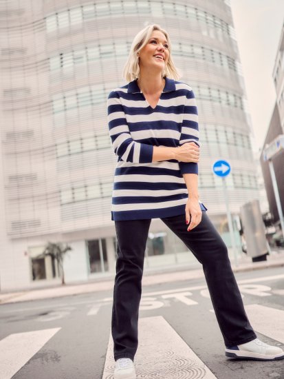 Ulla Popken Striped Polo Collar Long Sleeve Sweater Navy - Hettegensere og collegegensere - Myke gensere, hettegensere og strikk