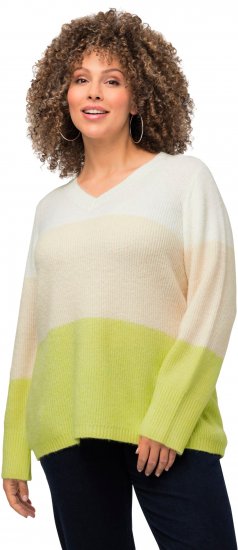 Ulla Popken Block Stripe Long Sleeve V-Neck Sweater Lime Green - Hettegensere og collegegensere - 