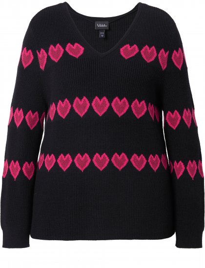 Ulla Popken Heart Print Long Sleeve V-Neck Sweater Black - Hettegensere og collegegensere - Myke gensere, hettegensere og strikk