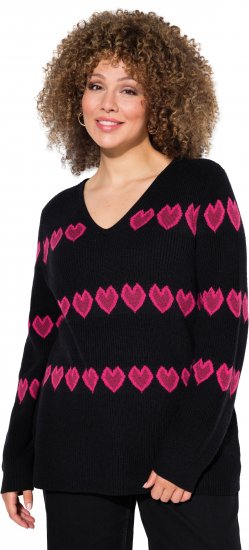 Ulla Popken Heart Print Long Sleeve V-Neck Sweater Black - Hettegensere og collegegensere - Myke gensere, hettegensere og strikk