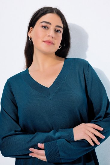 Ulla Popken Soft Fine Knit Pullover V-Neck Sweatshirt Teal - Hettegensere og collegegensere - Myke gensere, hettegensere og strikk
