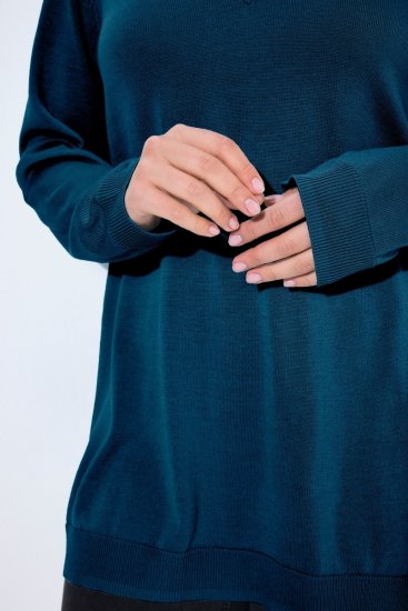 Ulla Popken Soft Fine Knit Pullover V-Neck Sweatshirt Teal - Hettegensere og collegegensere - Myke gensere, hettegensere og strikk