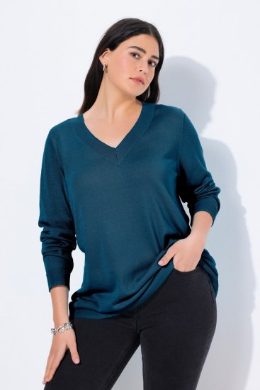 Ulla Popken Soft Fine Knit Pullover V-Neck Sweatshirt Teal - Hettegensere og collegegensere - Myke gensere, hettegensere og strikk