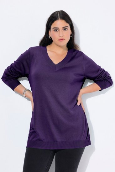 Ulla Popken Soft Fine Knit Pullover V-Neck Sweatshirt Deep Violet - Hettegensere og collegegensere - Myke gensere, hettegensere og strikk