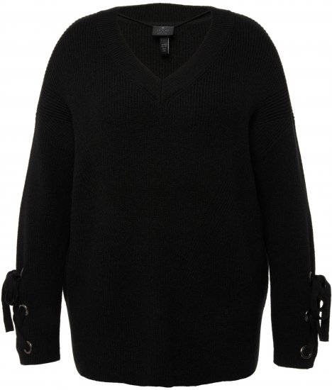 Ulla Popken Lace-Up Cuff Long Sleeve V-Neck Sweater Black - Hettegensere og collegegensere - Myke gensere, hettegensere og strikk
