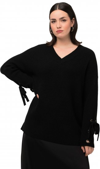 Ulla Popken Lace-Up Cuff Long Sleeve V-Neck Sweater Black - Hettegensere og collegegensere - Myke gensere, hettegensere og strikk