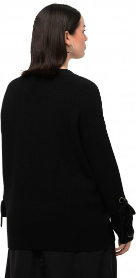 Ulla Popken Lace-Up Cuff Long Sleeve V-Neck Sweater Black - Hettegensere og collegegensere - Myke gensere, hettegensere og strikk