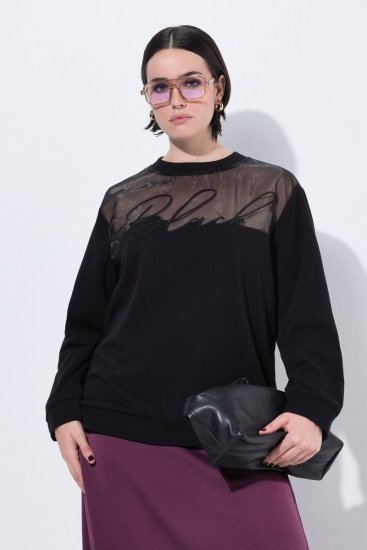 Ulla Popken Tulle Panel Sweatshirt Black - Hettegensere og collegegensere - Myke gensere, hettegensere og strikk