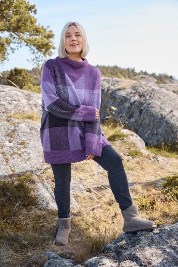 Ulla Popken Grand Check Long Sleeve Sweater Violet - Hettegensere og collegegensere - Myke gensere, hettegensere og strikk