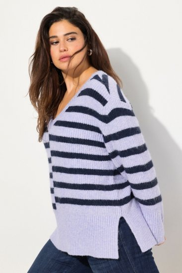 Ulla Popken Split Stripe Long Sleeve V-Neck Sweater Blue Grey - Hettegensere og collegegensere - Myke gensere, hettegensere og strikk