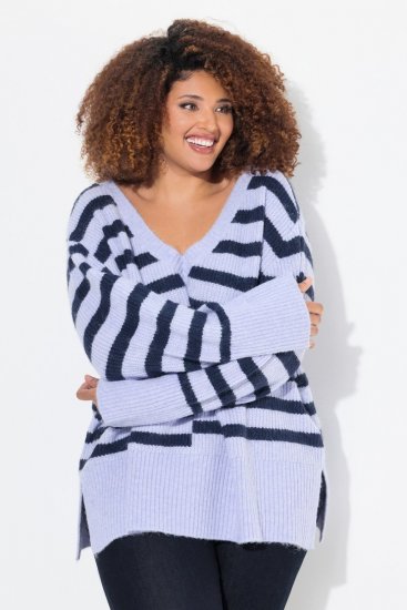 Ulla Popken Split Stripe Long Sleeve V-Neck Sweater Blue Grey - Hettegensere og collegegensere - Myke gensere, hettegensere og strikk