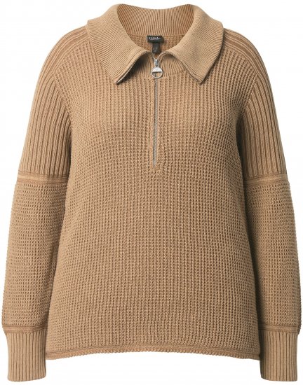 Ulla Popken Two-Tone Mixed Knit Troyer Collar Sweater Caramel - Hettegensere og collegegensere - Myke gensere, hettegensere og strikk