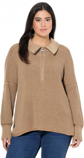 Ulla Popken Two-Tone Mixed Knit Troyer Collar Sweater Caramel - Hettegensere og collegegensere - Myke gensere, hettegensere og strikk