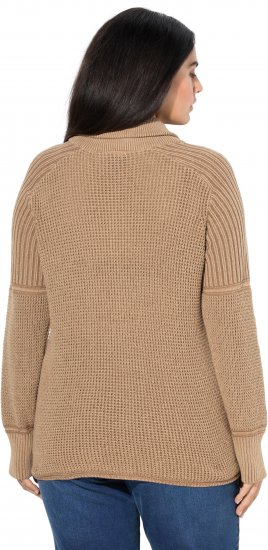 Ulla Popken Two-Tone Mixed Knit Troyer Collar Sweater Caramel - Hettegensere og collegegensere - Myke gensere, hettegensere og strikk